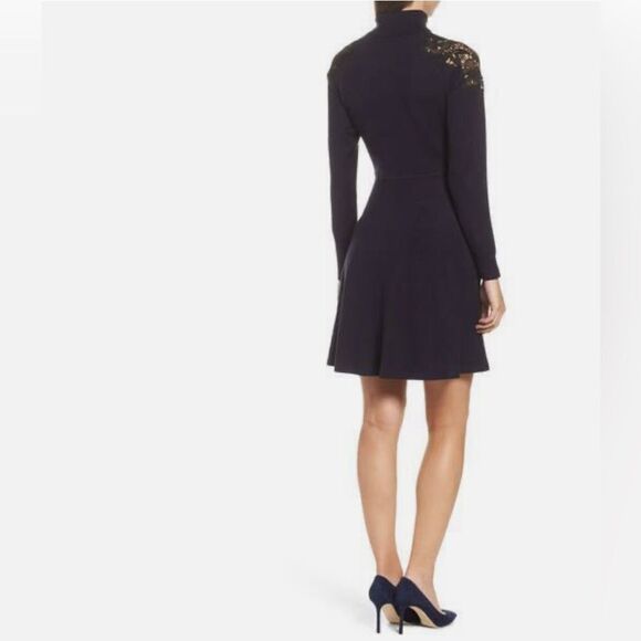 NWT Eliza J Lace Shoulder Turtleneck Black Dress - Timeless Elegance Sz M - Picture 5 of 8